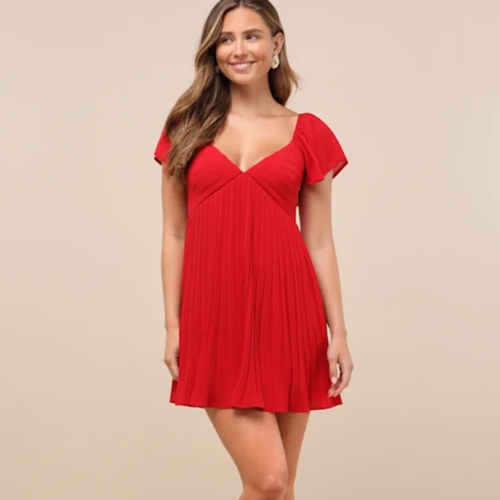Lulus Amalfi Coast Wine Red Pleated Flutter Sleeve Mini Dress